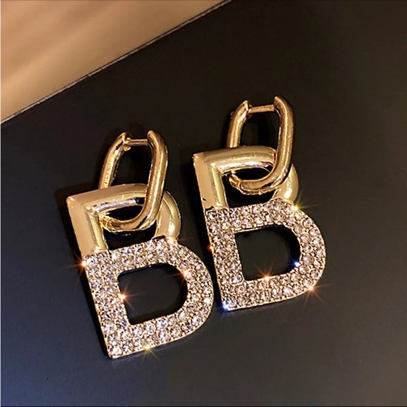 Gold Plated “B” Earrings with Rhinestones - Picture 5 of 6